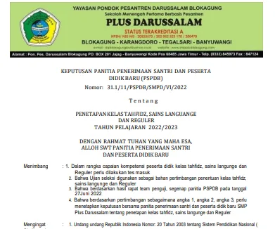 KEPUTUSAN PANITIA PENERIMAAN SANTRI DAN PESERTA DIDIK BARU (PSPDB)
