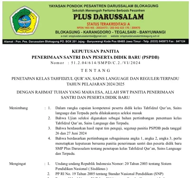 Pengumuman Hasil Seleksi Penerimaan Santri dan Peserta Didik Baru (PSPDB) Program Kelas SMP Plus Darussalam Tahun Ajaran 2024-2025